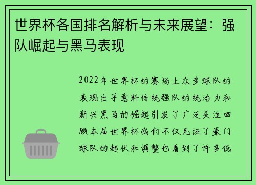 世界杯各国排名解析与未来展望：强队崛起与黑马表现