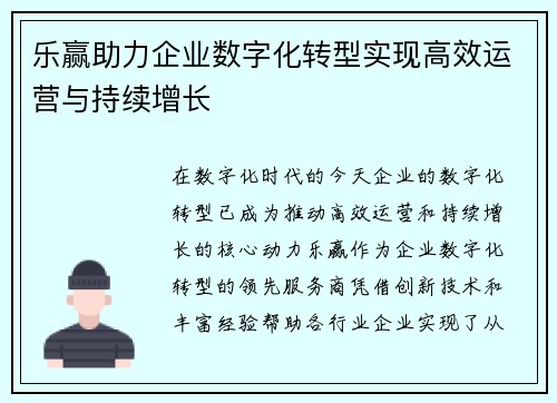 乐赢助力企业数字化转型实现高效运营与持续增长
